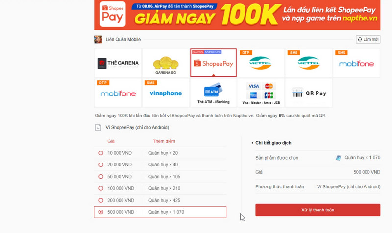 nạp thẻ Garena Free Fire Shopee Pay